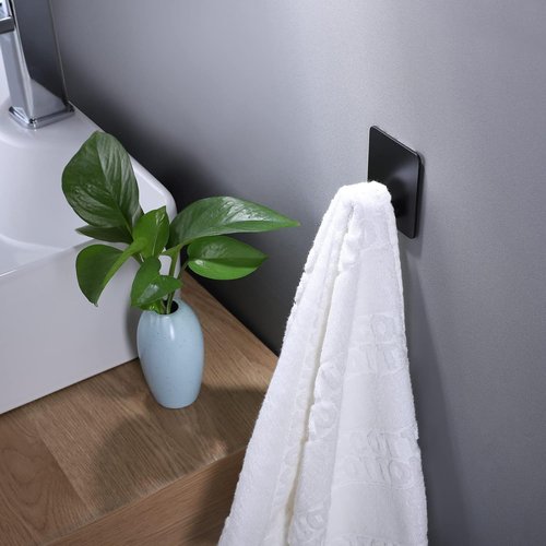 DELITON Adhesive Hooks - 4 Pack Wall Hooks for Towel & Coat | Matte Black Stainless Steel Finish