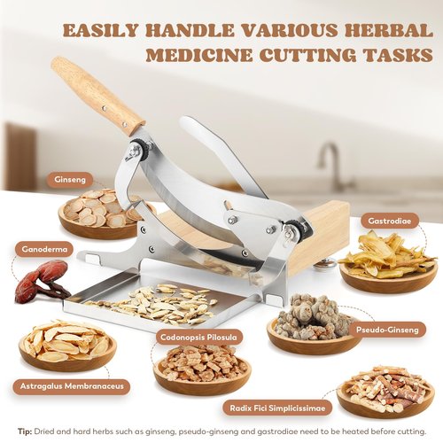 Moongiantgo Biltong Slicer Chinese Medicine Radiused Beef Jerky Cutter with Handguard, 0-0.5’’ Adjustable Thickness, Wooden Base Herb Root Cutting Machine for Ginseng Antler Gastrodiae Maca Ganoderma