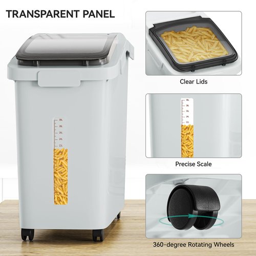 YITAHOME Ingredient Flour Storage Bin, Commercial 11.4-Gallon Flour Storage Container 280 Cups Rice Storage Bins with Wheels Shelf-storage Bin with Scoop and Lid, Rice Bin for Kitchen, Gray