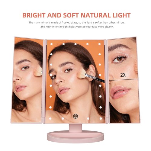 Infitrans Trifold Makeup Mirror Vanity Mirror with Lights,1X 2X 3X Magnification,Touch Control,Adjustable Rotation,Dual Power Supply,Portable Travel Cosmetic Mirror,Birthday Gifts for Women,Teengirls