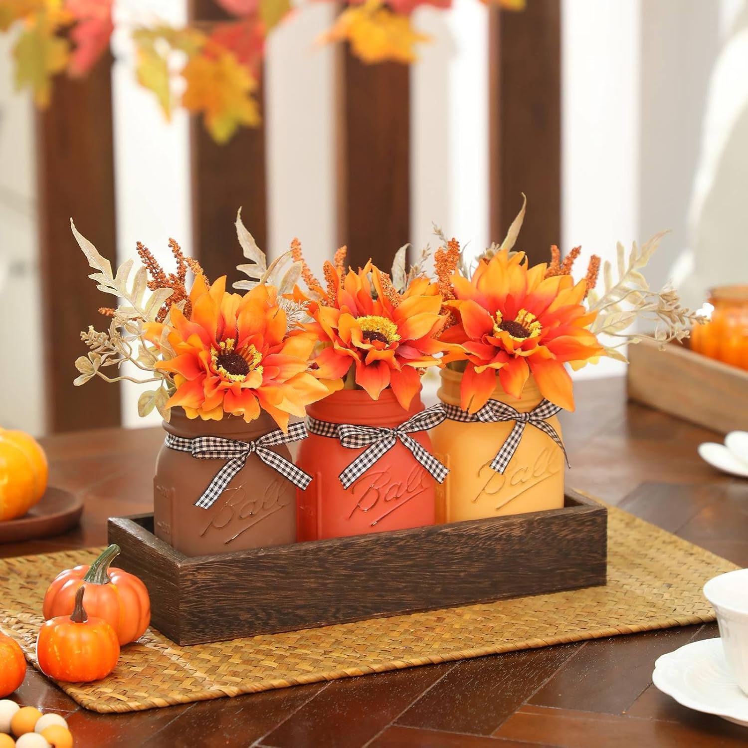 Skiennix Fall Mason Jar Centerpiece - Set of 3 Decorative Jars with Artificial Flowers for Thanksgiving Decor