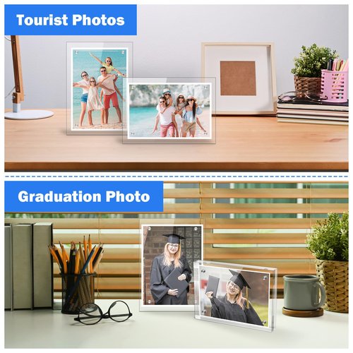 M-sorflly Small 4×4 Inches Acrylic Picture Frame,Clear Magnetic Picture Frame for Wedding,Double Sided Frameless Photo Frame for Desktop Free Standing,Display Stand Acrylic Frame