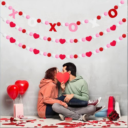 Valentines Day Decorations, 3 PCS Felt Garland with XOXO and Red Heart Shape Garland for Valentine Party, Wedding, Anniversary, Valentines Day Banner for Mantle Fireplace Walls Room Decor