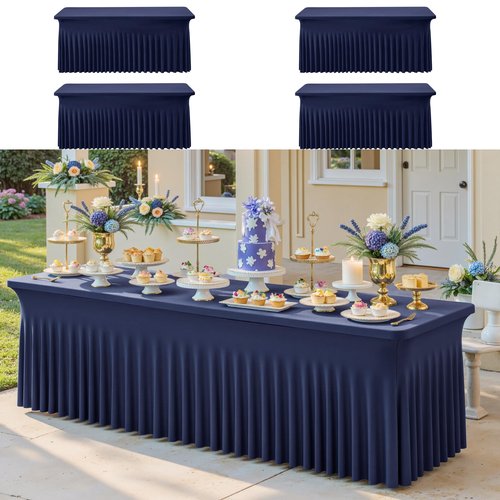 4pk Navy Blue Spandex Tablecloths 6ft for Rectangle Tables, Wrinkle Free Classy Table Skirt Stretchy Fitted Table Cloths Covers 6 Foot for Weddings Birthday Party Events Banquette Baby Shower