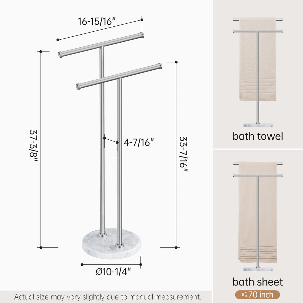 KES Standing Towel Rack for Bathroom Floor with 10.5 Lbs Natural Marble Base, 2-Tier Free Standing Towel Rack Double T-Shape, 18/8 Stainless Steel, Brushed Finish, BTH237A-2