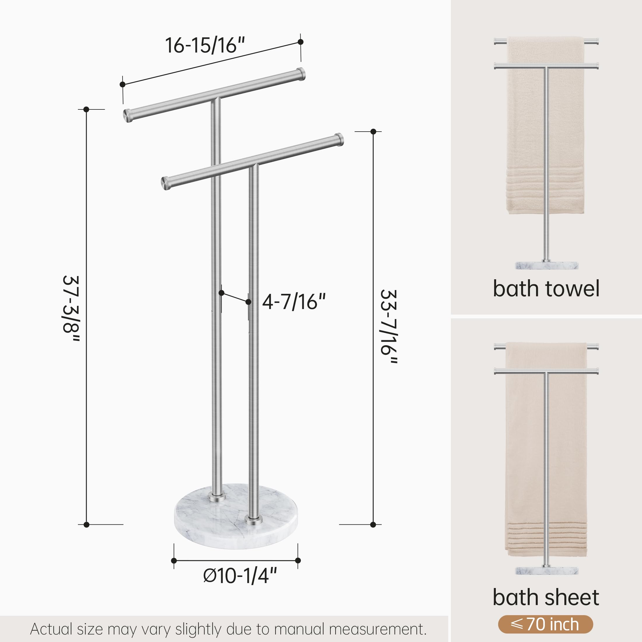 KES Standing Towel Rack for Bathroom Floor with 10.5 Lbs Natural Marble Base, 2-Tier Free Standing Towel Rack Double T-Shape, 18/8 Stainless Steel, Brushed Finish, BTH237A-2