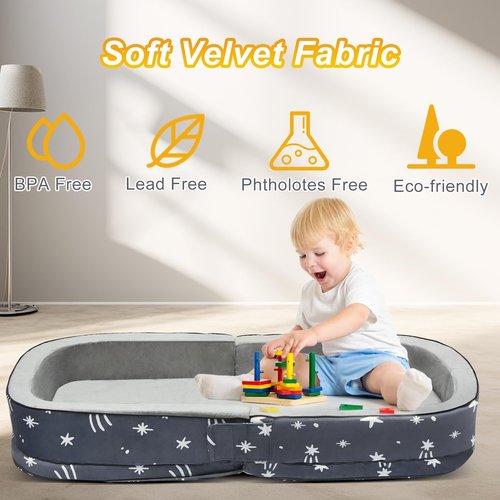 Lvimilio Portable Toddler Travel Bed, Foldable Kids Floor Bed for Home/Travel with Foam Mattres, Toddler Cot for Kids Aged 1-4, Velvet Fabric