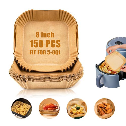 Air Fryer Paper Liners, 150 PCS Non stick Oil Resistant Air Fryer Parchment, 8 Inch Disposable Food Grade Free Of Bleach Square Parchment Baking Paper