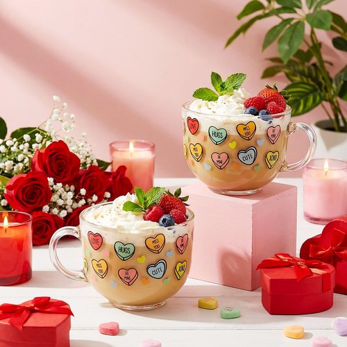 Sliner 6 Pcs Valentines Day Candy Heart Glass Coffee Mugs with Handle, 16 oz Clear Love Conversation Coffee Mugs Irish Glasses Cups for Valentine Gifts Beverages Latte Hot Chocolate(Conversation)
