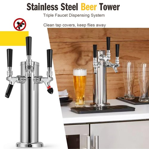 Hgkeke 3 Tap Beer Tower Stainless Core Beer Faucet Kegerator Tower Draft Beer Tap Tower Dispenser Pre-Installed Kegerator Tap Tower Kit with Self-Closing Spring Keg Tap Beer Brewing Kit