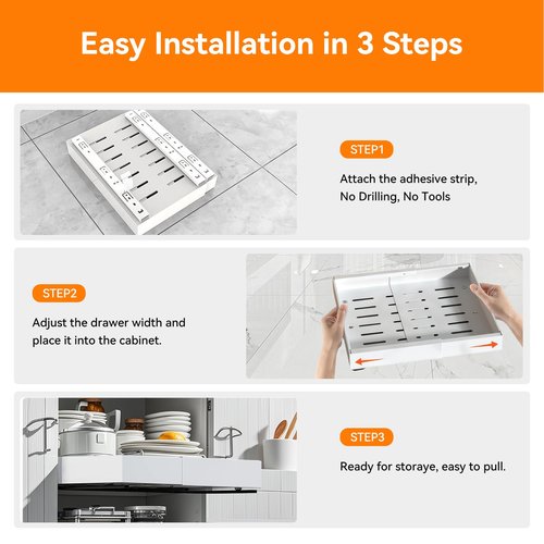 2 Pack 21'' Deep Pull Out Cabinet Organizer Expandable Width (12.6'' to 21'') Slide Out Drawers Pull Out Drawers Fixed with Adhesive Nano Film or Nail for Kitchen Bathroom Organization, White