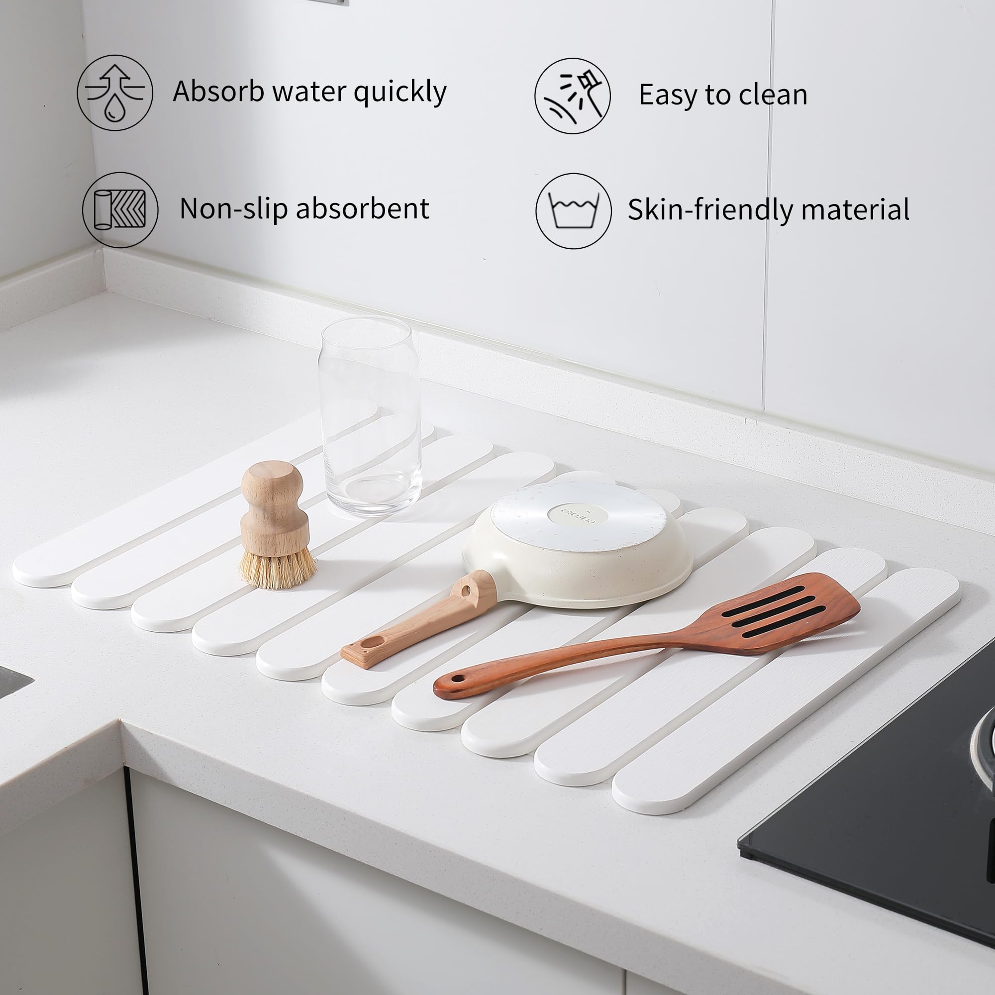 16"×12" White Stone Dish Drying Mats for Kitchen Counter, Large Quick Dry Collapsible Eco-Friendly Super Absorbent Diatomaceous Earth Heat-resistant Mat for Dishes Bottles Cups, Match Any Countertop