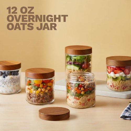 Bumobum 12 oz Glass Mason Jars with Lids, Glass Container with Acacia Wood Airtight Lid, Wide Mouth Canisters for Chia Pudding Loose Tea Coffee Meal Prep Parfait Salad Snacks Yogurt Spice, 4-Pack