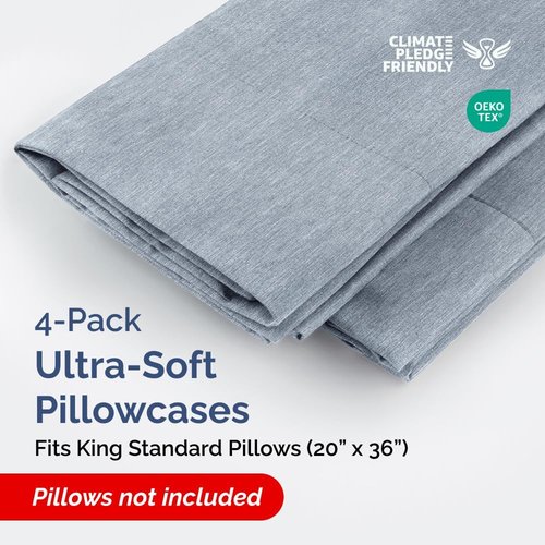 King Standard Pillow Cases Set of 4 - Soft Hotel Quality Covers for Comfy Bedding - Machine Washable - Heathered Blue