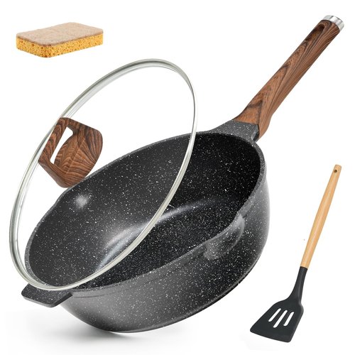 MOJIRE Deep Frying Pan Nonstick with Lid and Spatula, 12 inch / 5.5 Quart Saute Pan, Non Stick Granite Stir-Fry Chef Skillet with Scrub Sponge, Gas Induction Stovetops Compatible