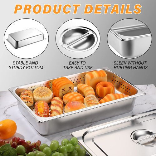 Ferraycle 3 Pack Full Size 2.6 Inch, 4 Inch Hotel Pan with Lid Perforated Steam Table Pan Restaurant Supplies for Kitchen, Steam Table Tray for Food Warmer