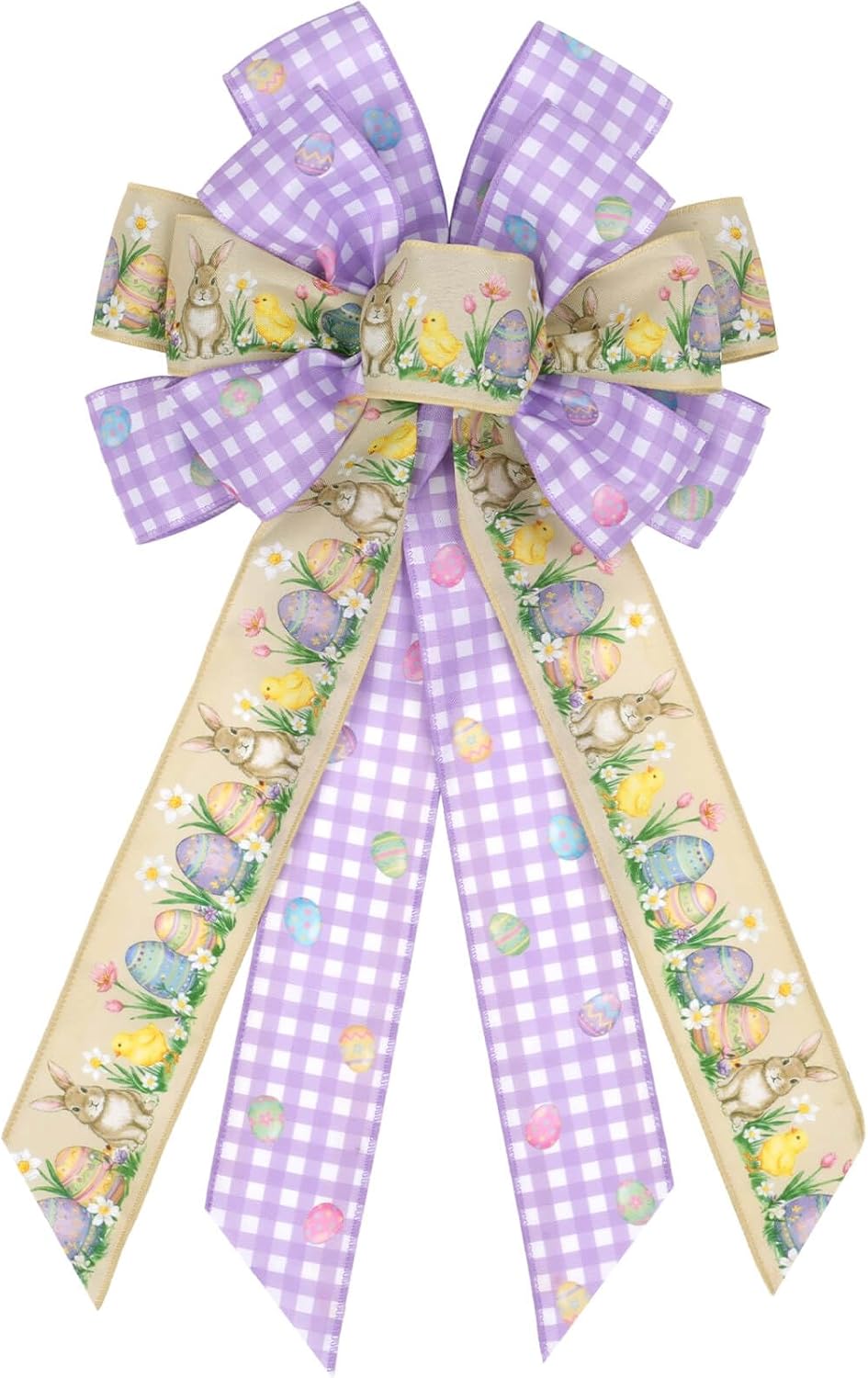 Purple Gingham Easter Bunny Wreath Bow - 21 Inch Wired Ribbon for Front Door & Spring Decor
