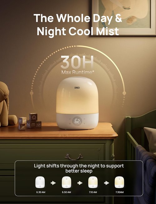 DREO Cool Mist Humidifier - Ultra Quiet 28dB with 30H Runtime & RGB Night Light | Smart Top Fill for Bedroom & Nursery