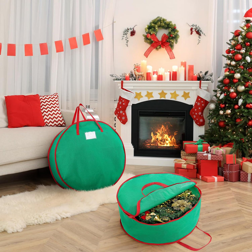 Regine Switzerland 2-Pack Christmas Wreath Storage Bags - Durable Handles & Double Zipper, 24” Green