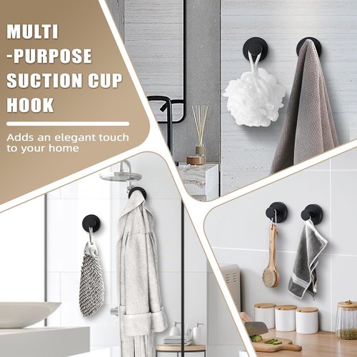 **Regine Switzerland Suction Cup Hooks - No-Drill Bathroom Towel & Robe Holders | Matte Black (Set of 4)**