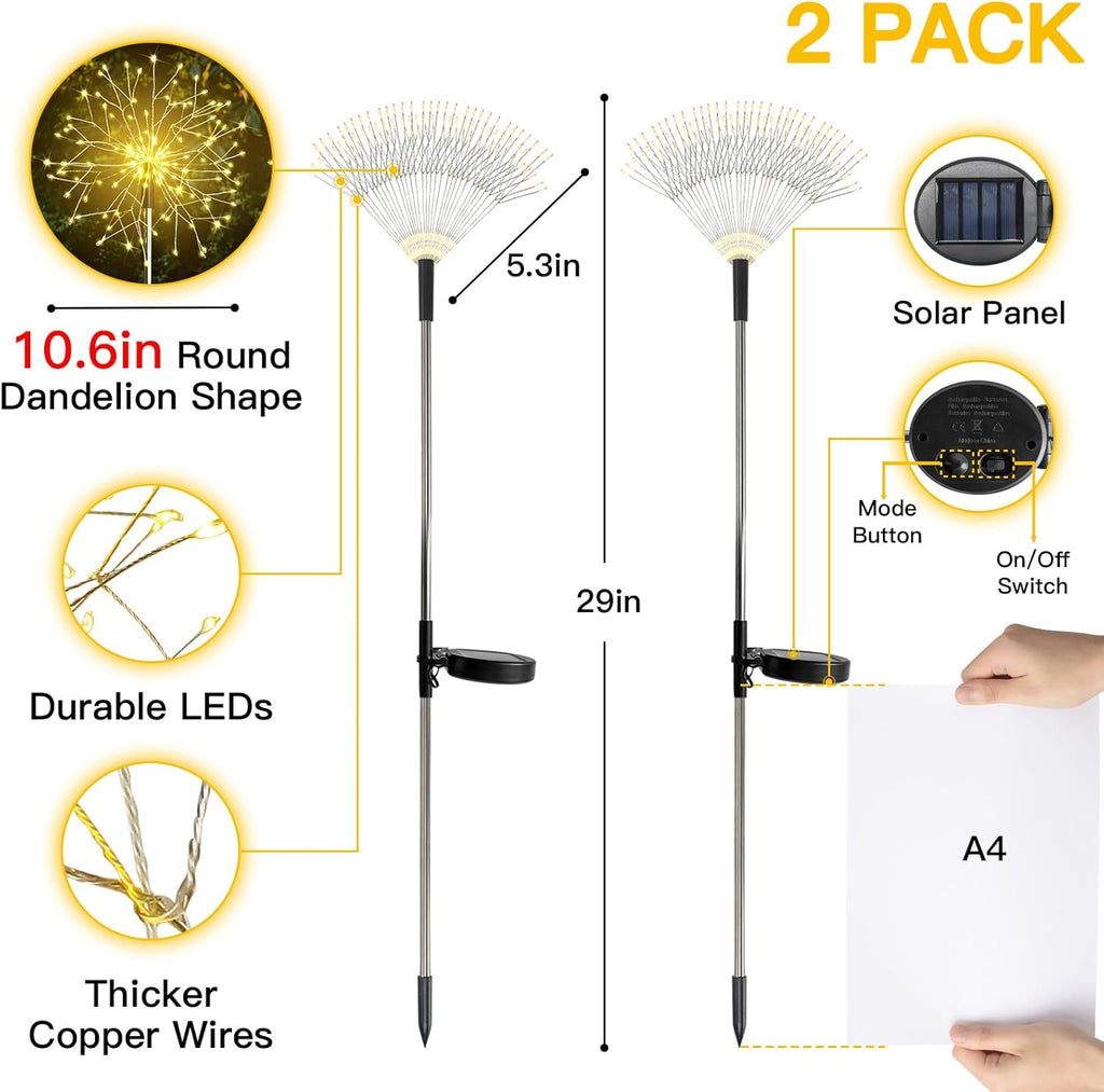 Suddus Solar Garden Lights - Waterproof 150LED Decorative Firework Lights | 2-Pack Warm White for Yard & Patio