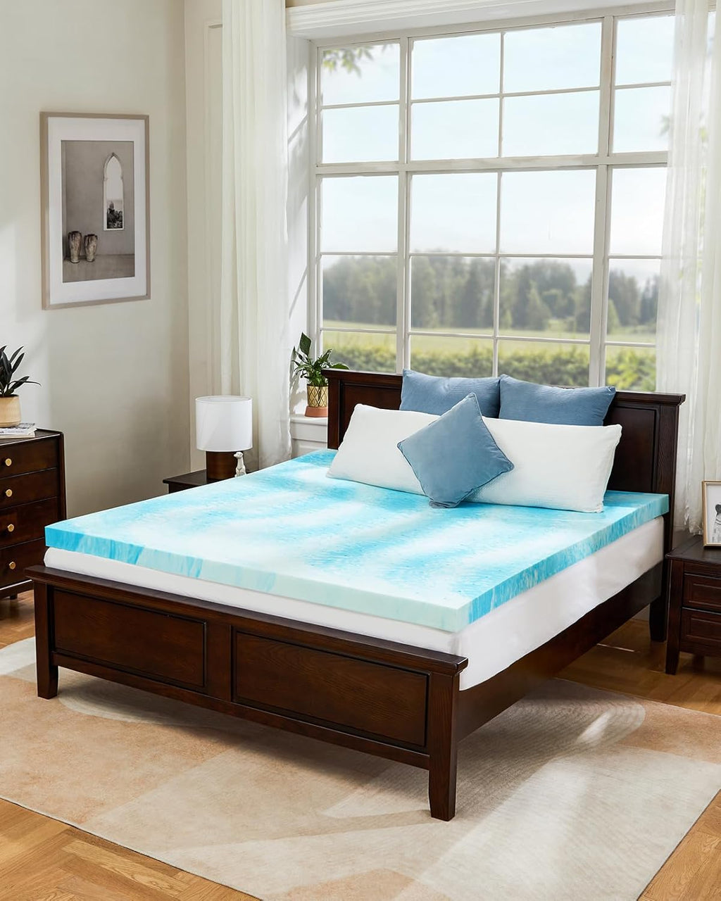 Perlecare 3-Inch Queen Memory Foam Mattress Topper - Cooling Gel Infused for Pressure Relief | CertiPUR-US® Certified, Blue