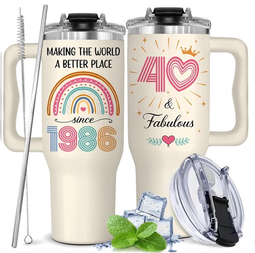 GLAKEUN 40th Birthday Gifts for Women - 40th Birthday Decorations for Her, Woman - 40&Fabulous - 1986 Bday Gifts Cups for Women - 1986 Present Gift for Mom, Wife, Sister - Turning Forty Tumbler 40oz