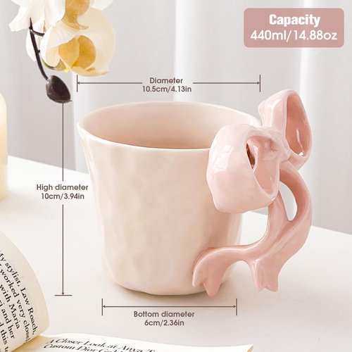 Movlen Pink Ceramic Coffee Mug with Bow Handle, Cute Girly Cup for 14oz, Handmade Kawaii Soup Mug for Latte Tea Milk Cocoa, Pretty Birthday Valentine Gifts for Women and Girls