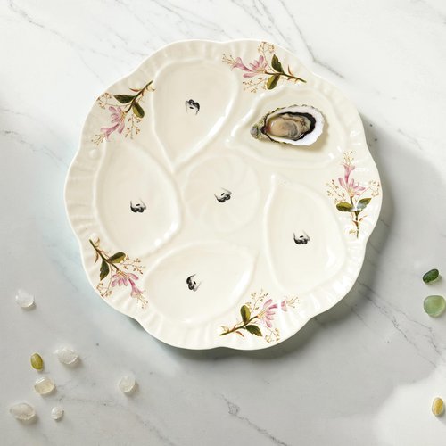 Creative Co-Op Scalloped Stoneware Oyster Plate with Floral Design, Cream