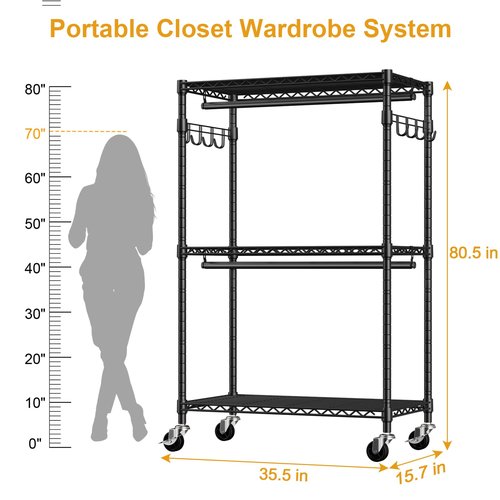 ULIFHOME P1 Rolling Clothes Rack, Portable Wardrobe Closet with Wheels, Heavy-Duty Closet Clothing Rack for Hanging Clothes, 35.5" W x 15.7" D x 80.5" H, Hold 500lbs, Black