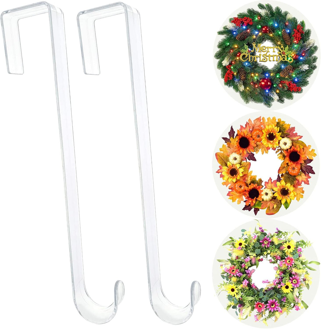 Skiennix Wreath Hanger - 12” Clear Over The Door Hooks for Easter & Christmas Decor | 2 Pack