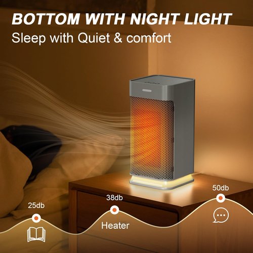 38dB Ultra-Quiet 1200W PTC Ceramic Small Space Heater, 3-Second Rapid Heating 90° Oscillating Portable Heater with Dual Safety for Bedroom Office