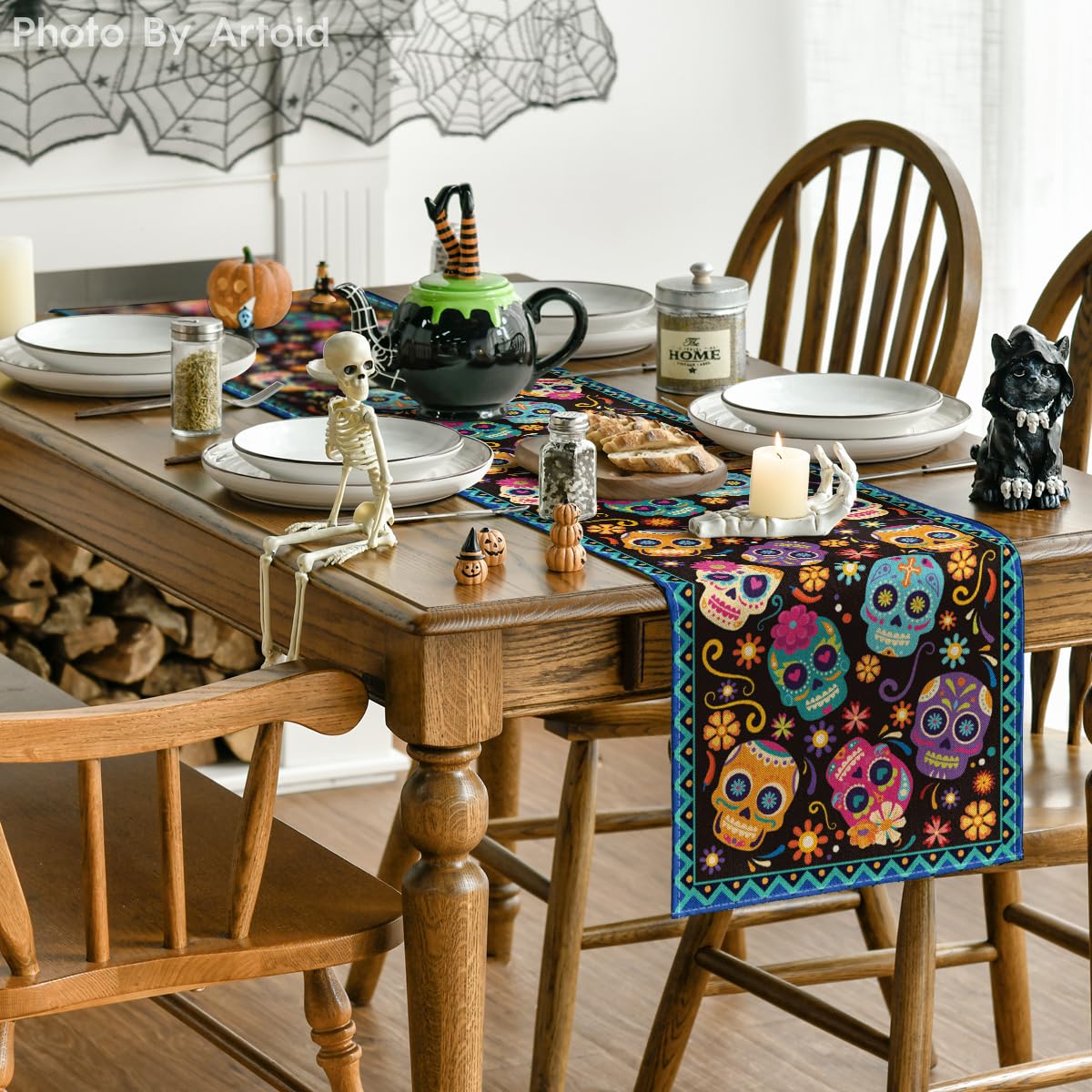 Artoid Mode Suger Skulls Floral Day of The Dead Table Runner, Halloween Seasonal Kitchen Dining Table Decoration for Home Party Decor 13x90 Inch