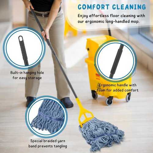 Commercial Mop for Floor Cleaning, 59'' Heavy Duty Industrial Mops with Long Handle, Cotton String Wet Mop for Garage, Office, Warehouse, Home, Workshop (2 Mops Head)