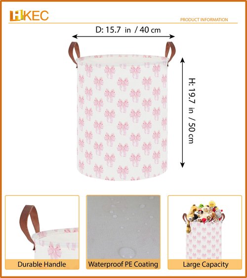 HKEC 19.7" Laundry Basket,Dirty Clothes Hamper,Waterproof Storage Bin,Room Decor,Gift Baskets,Nursery Hamper(Shimmer Bowknot)