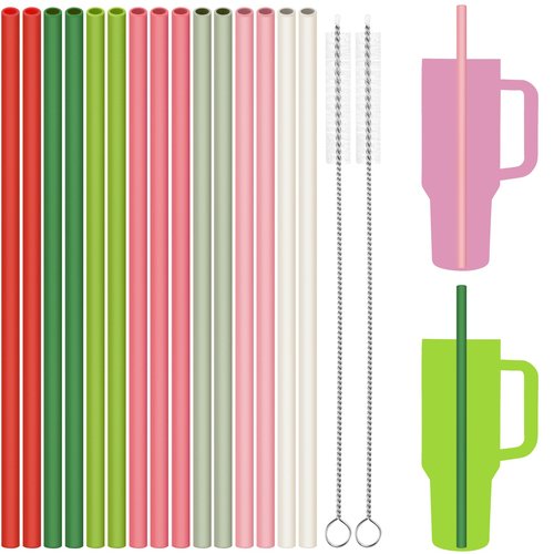 Tomorotec 15-Pack 12" Reusable Silicone Drinking Straws for Stanley Tumblers 20oz, 30oz, 40oz with 2 Cleaning Brushes, BPA-Free Food-Grade Vibrant Colors Flexible Straws for Family Use (Watermelon)
