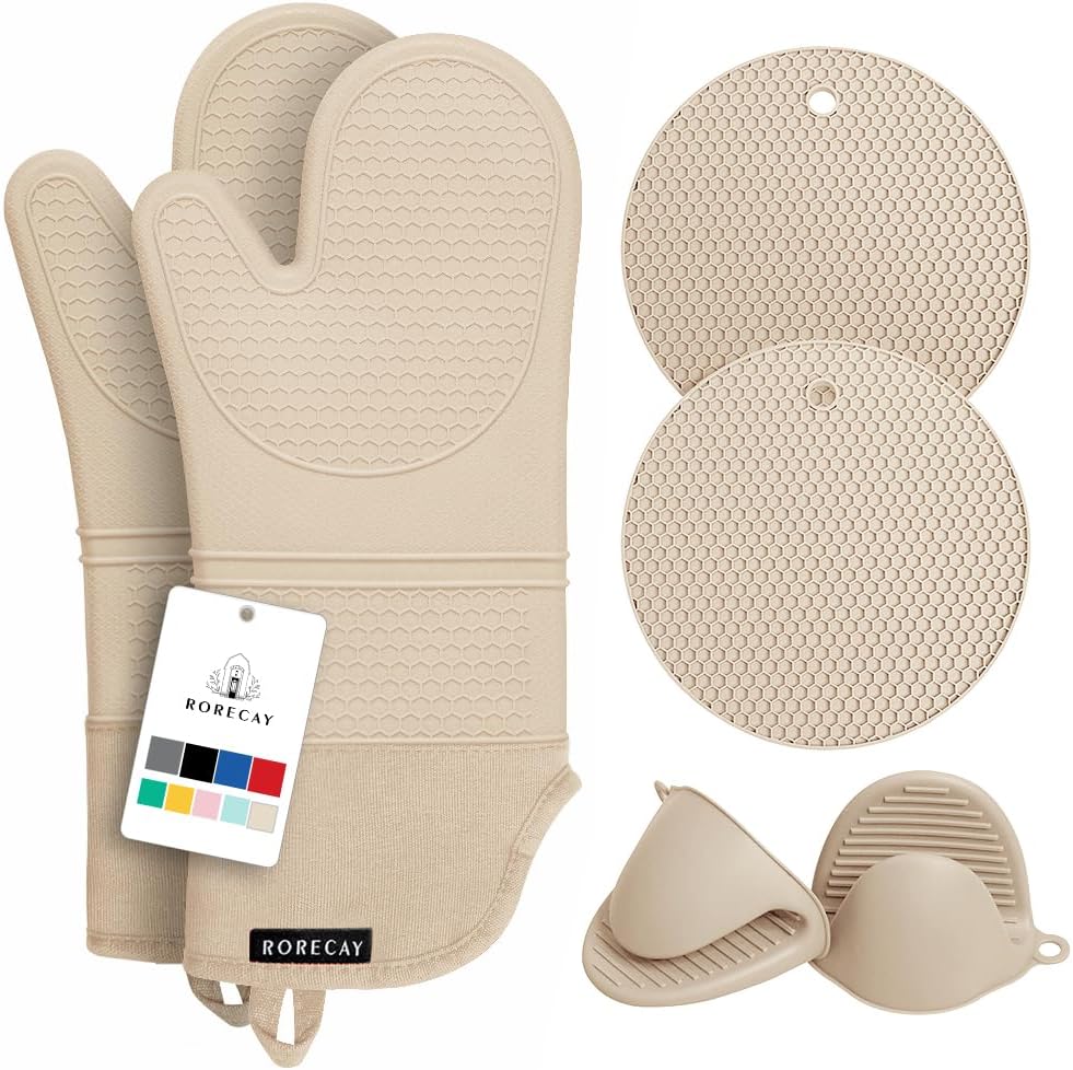 Rorecay Silicone Oven Mitts Set - Extra Long, High Heat Resistant 500°F | 6-Piece Non-Slip Kitchen Gloves