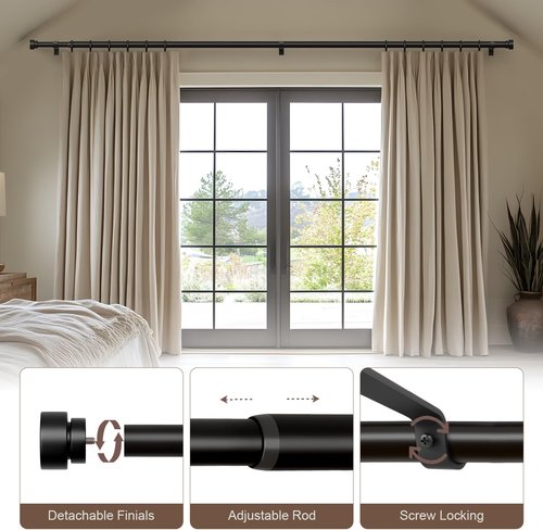 Lootkell Adjustable Black Curtain Rods - Heavy Duty 1" Diameter for Windows 48 to 84 Inches | Decorative Finials for Farmhouse Style