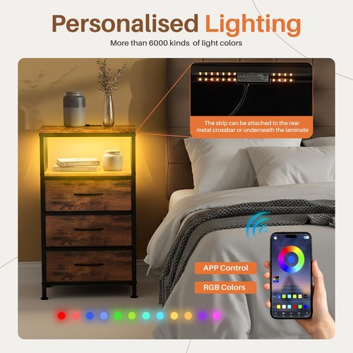 Sweetcrispy Nightstand with Charging Station, Bedside End Table with 3 Fabric Drawers & USB/Type-C Ports and Outlets, Night Stand for Bedroom Furniture, Adjustable Feet and Variable Light Strip, Rust