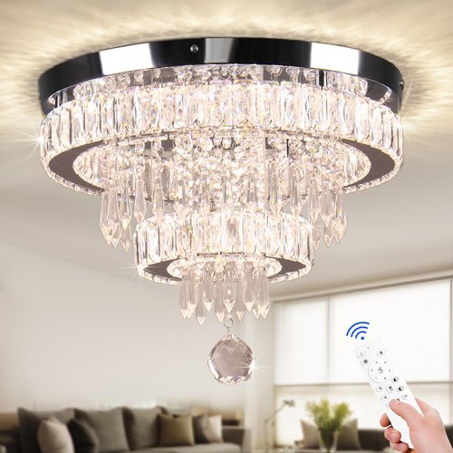 Cainjiazh Crystal Chandeliers Modern Crystal Chandelier Flush Mount Ceiling Light Fixture with Remote Control for Bedroom Dining Room Living Room (16 inch Dimmable)