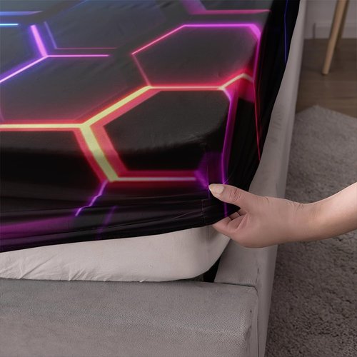 UEVBF Hexagon Geometric Honeycomb Bedding Fitted Sheet Sets,Blue Neon Gamer Fitted Sheet Sets for Kids Room Decor,Twin Size Bedding Sets for Boys,1 Fitted Sheet+2 Pillowcases.