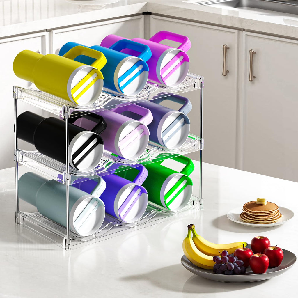 AWGOU Stackable Water Bottle Organizer for Cabinet, Bottle and Other Tumbler Organizer for Kitchen Cabinets,Clear Stackable Water Bottle Holder and Wine Rack