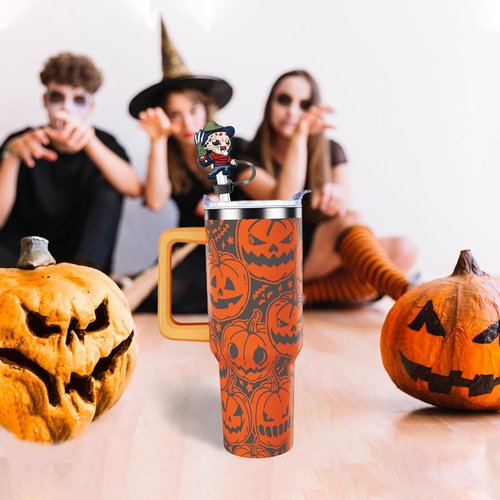 12PCS Halloween Straw Toppers for Stanley Cup, Silicone Horror Straw Cover for Stanley 30&40 Oz Tumbler with Handle, 10mm 0.4in Dust-Proof Reusable Straws Tips for Halloween Gifts