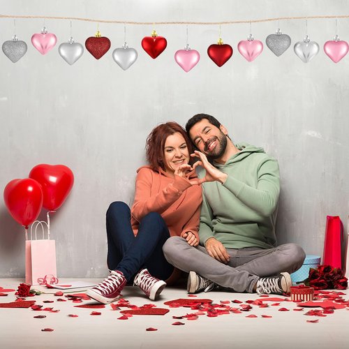 36Pcs Valentine's Day Heart Hanging Ornaments for Tree Decorations, Galentines Day Decorations Heart Shaped Baubles for Home Party Wedding Decor (Rose Red,Pink,Silver,Glitter