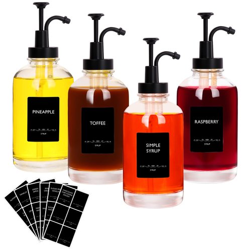 16.9oz Coffee Syrup Dispenser 4Pack- Glass Syrup Dispenser Kit for Coffee Bar Accessories for Home Coffee Bar/Premium Labeled Barista Kit, Matte Black