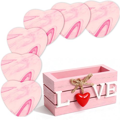 Pink Coasters Set of 6 for Mom from Daughter,Cute Wooden Coaster with Holder for Office Desk,Hearts Coasters for Drinks,Housewarming Gifts Birthday Gifts for Women Grandma