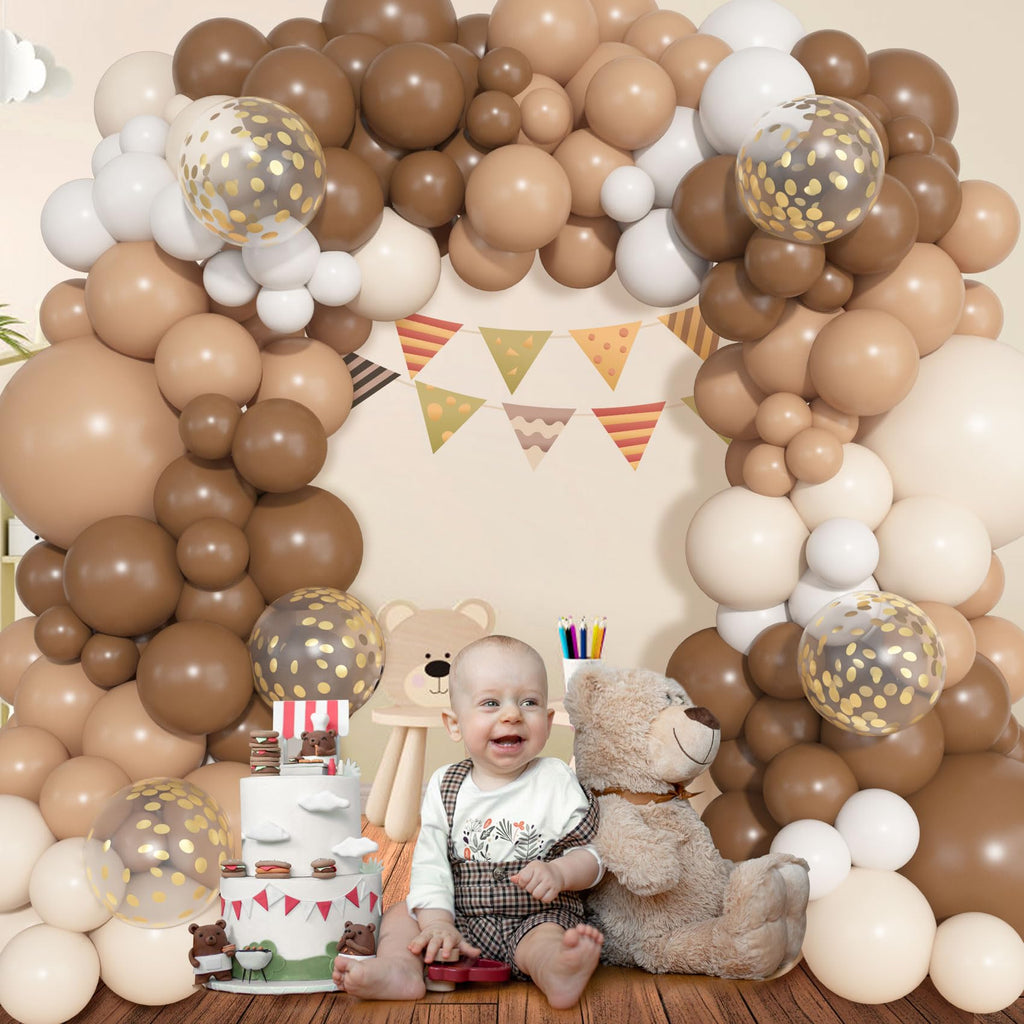 Ouddy Life 157 Pcs Brown Balloons Garland Arch Kit, Beige Nude Neutral White Gold Confetti Different Size Balloon for Birthday Teddy Bear Baby Shower Neutral Woodland Wild One Wedding Party Decoration