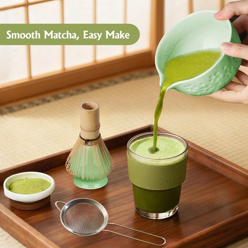 Matcha Whisk Tea Set Kit: Japanese Matcha Kit - Ceramic Bowl Bamboo Whisk Chasen Holder spoon Measuring Scoop Sifter - Traditional Practical for Tea Ceremony Breakfast Lattes - Home Kitchen Christmas