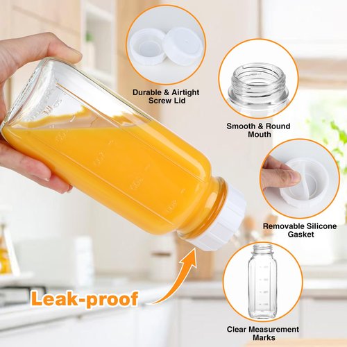 HINGWAH 4 Pack 16 OZ Glass Milk Bottles with Lids, Glass Juice Bottles with Scale & Silicone Pour Spout, Reusable Juice Containers Square Drinking Jars for Milk, Coffee, Smoothies, Water