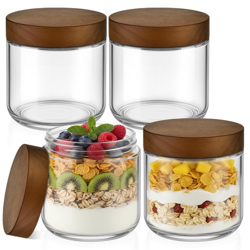 Bumobum 12 oz Glass Mason Jars with Lids, Glass Container with Acacia Wood Airtight Lid, Wide Mouth Canisters for Chia Pudding Loose Tea Coffee Meal Prep Parfait Salad Snacks Yogurt Spice, 4-Pack